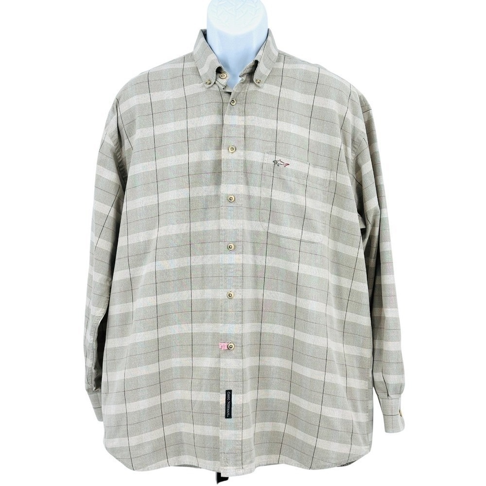 GREG NORMAN Button Down Shirt Beige Plaid Relaxed Cotton Long Sleeve Men's Large